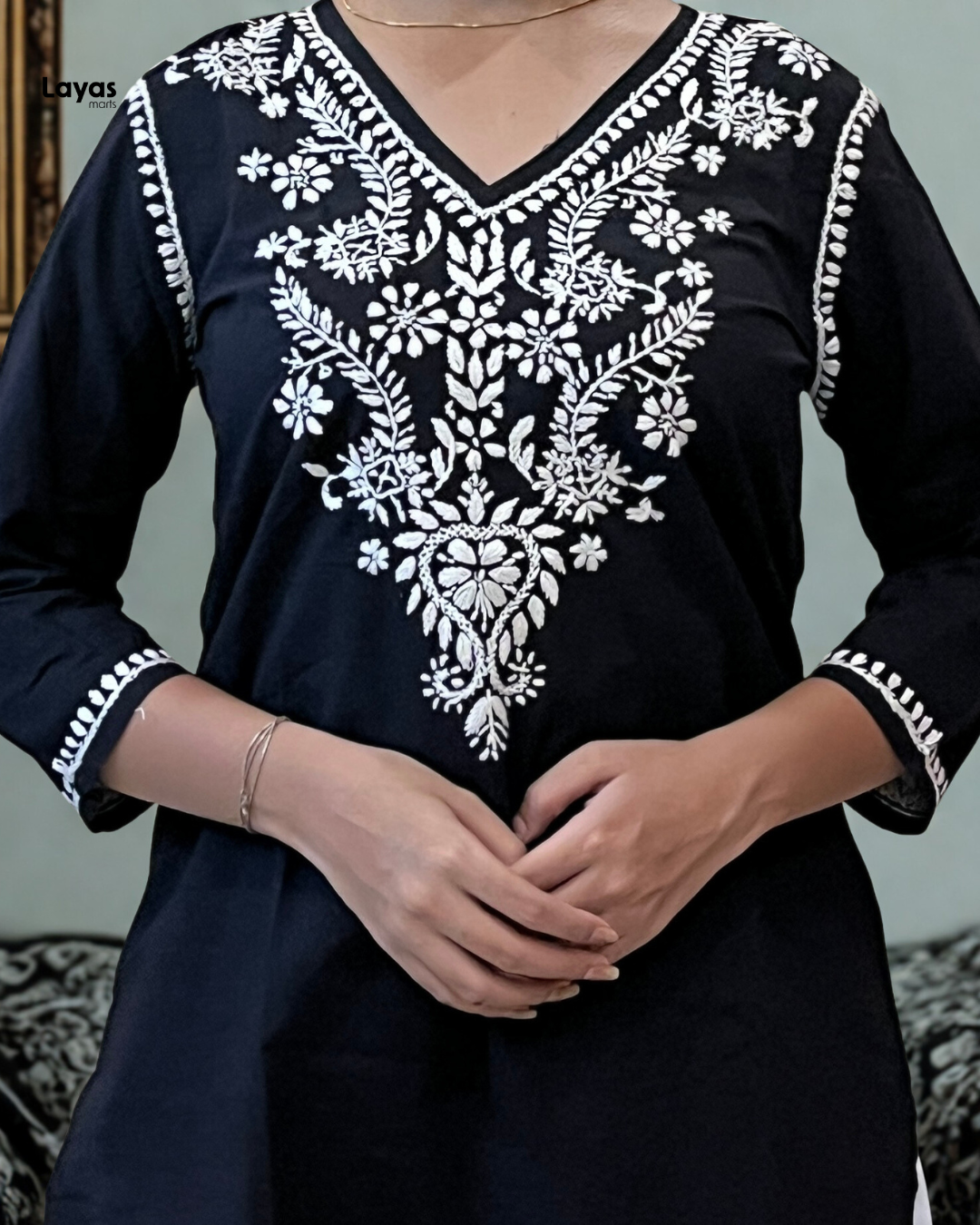 Black pure cotton kurti with traditional embroidery