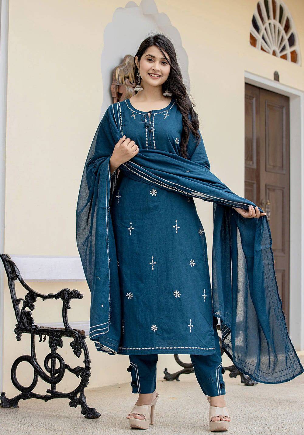 Navy Blue Cotton Suit Set with Mirror Embroidery Layas Marts