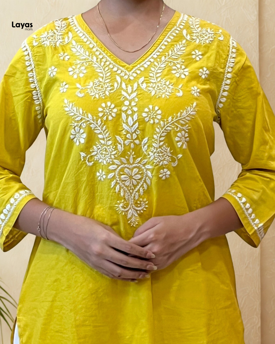Lucknowi embroidered kurti in yellow cotton