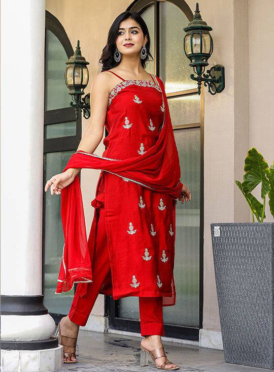 Red Sleeveless Silk Kurta Pant With Dupatta Set (pack of 3) - Kaajh - #tag4#