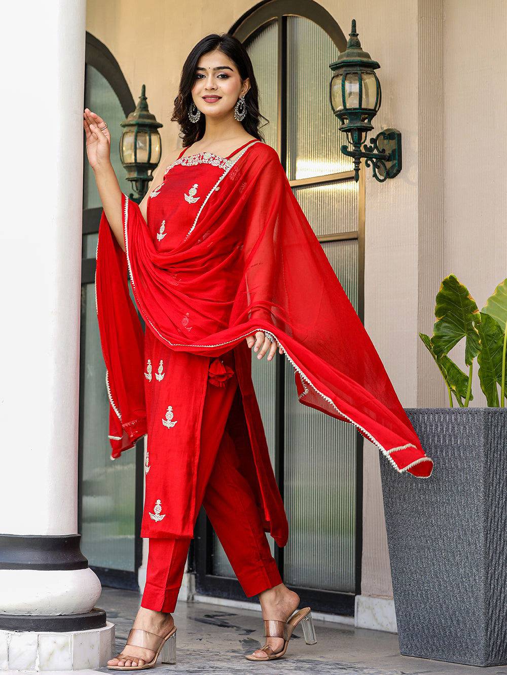 Red Sleeveless Silk Kurta Pant With Dupatta Set (pack of 3) - Kaajh - #tag4#