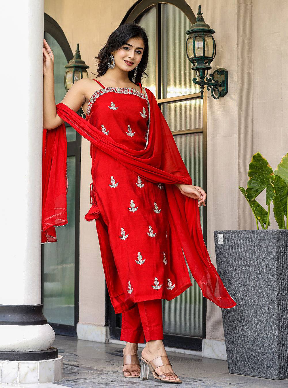 Red Sleeveless Silk Kurta Pant With Dupatta Set (pack of 3) - Kaajh - #tag4#