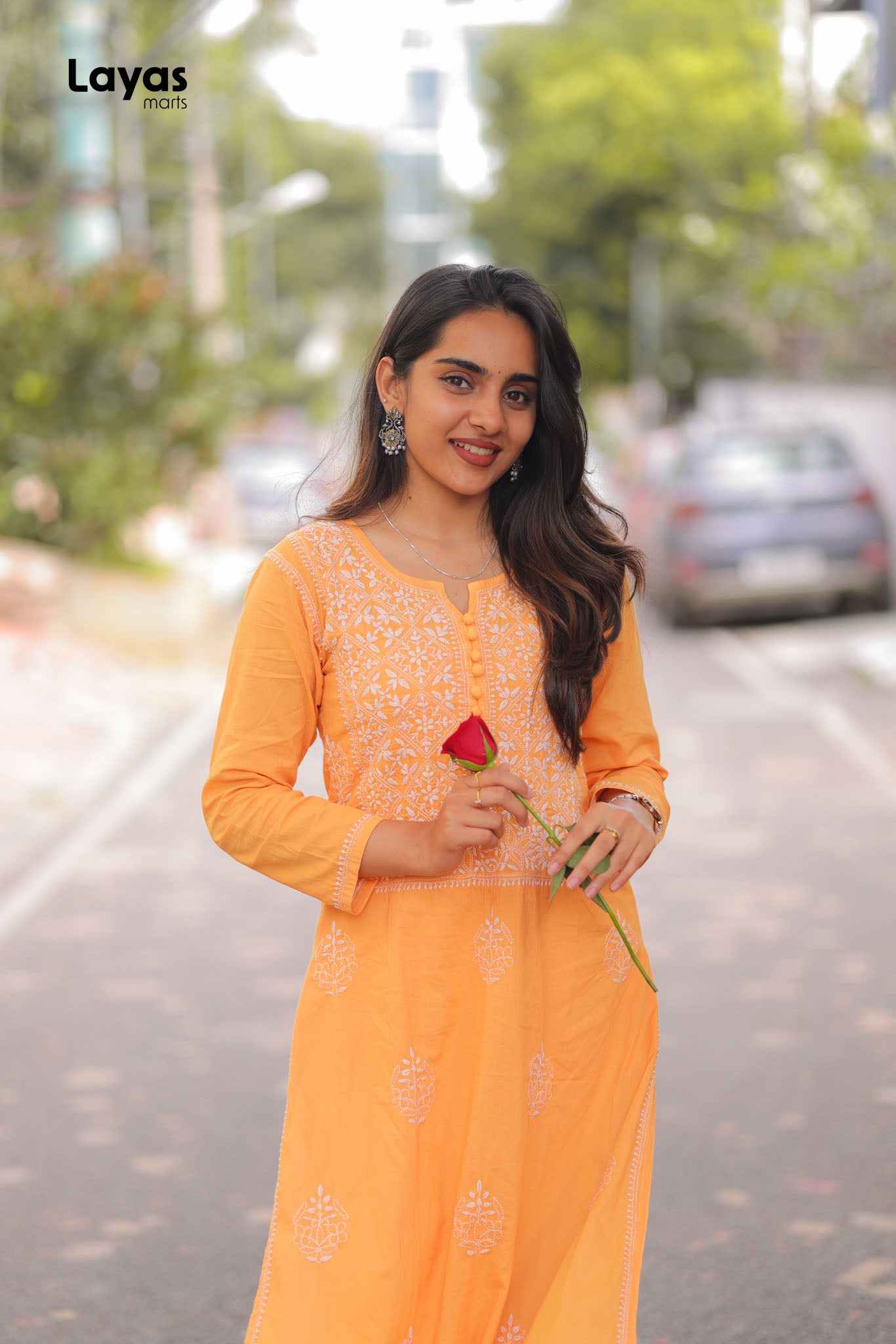 Orange Hand-Embroidered Chikankari Straight Kurta