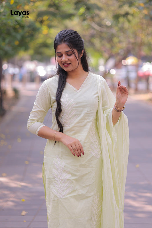 Lime Green Cotton Solid Kurta Pant Set with Dupatta