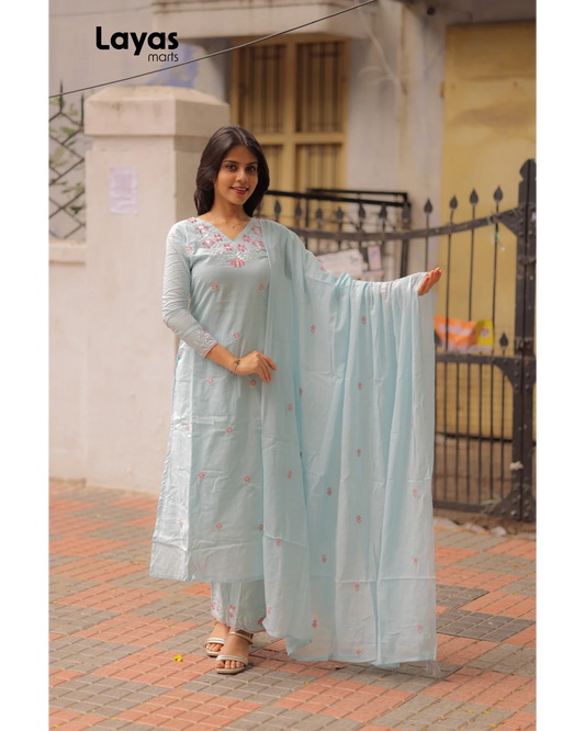 Powder Blue Cotton Embroidered Kurta Set with Dupatta