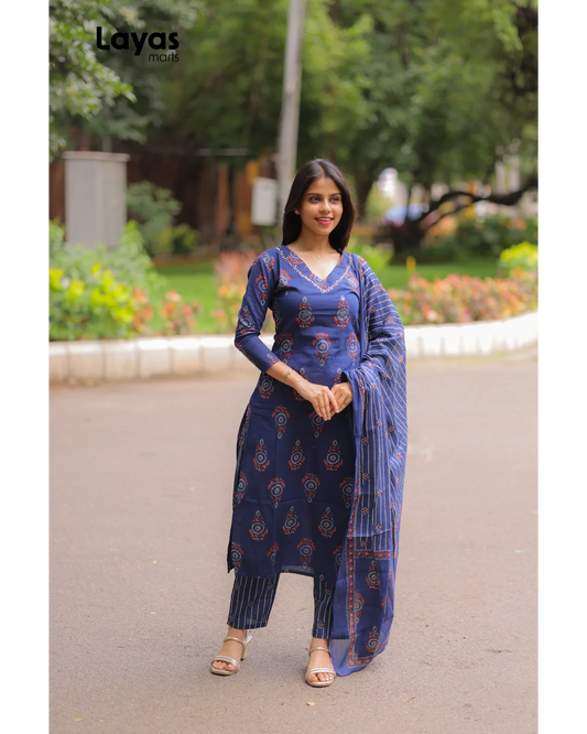 Indigo Blue Cotton Ethnic Motifs Kurta Set with Dupatta
