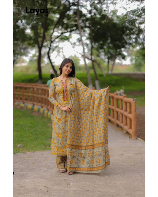 Mustard Grey Cotton Printed Kurta Set with Dupatta