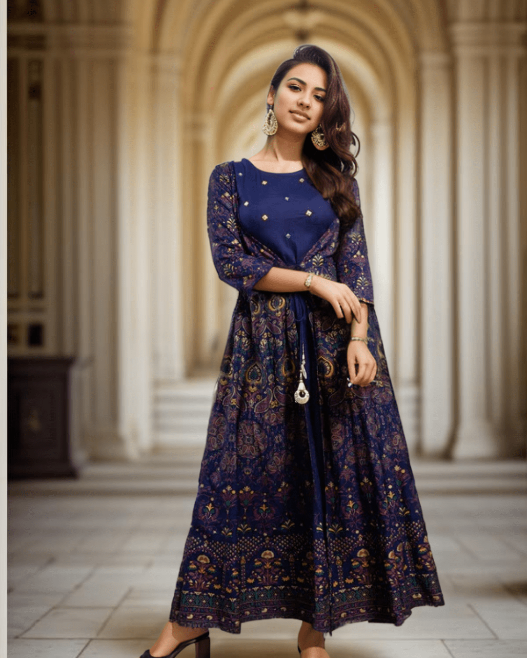 Ethnic Anarkali kurta with classic paisley print, ideal for pairing with traditional accessories and elegant footwear for a royal look