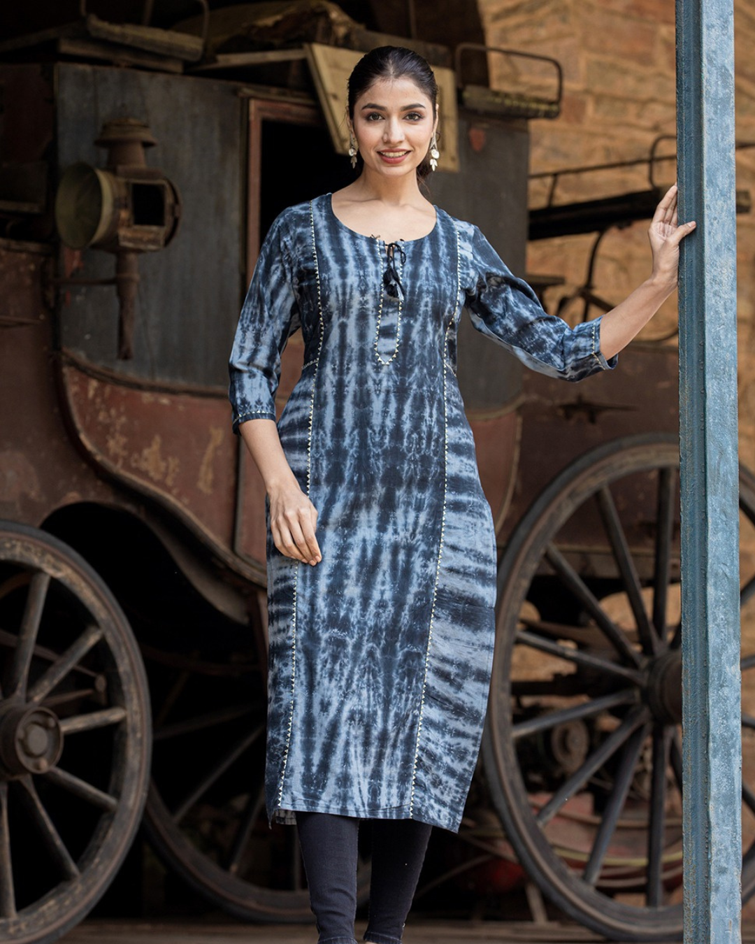 Black Tie Dye Cotton Kurta for women, designed with kangura lace and tassels from Layas marts