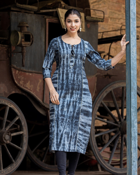 Black Tie Dye Cotton Kurta for women, designed with kangura lace and tassels from Layas marts