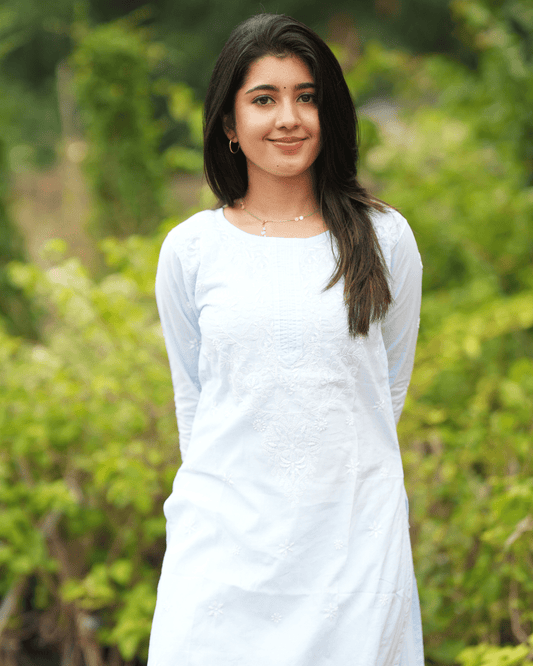 Blue Chikankari Cotton Kurta with hand embroidery and quarter sleeves, perfect for casual and festive occasions from Layas Marts