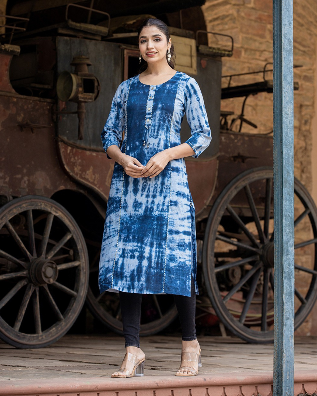 Blue Tie Dye Cotton Kurta for women, designed with kangura lace and tassels