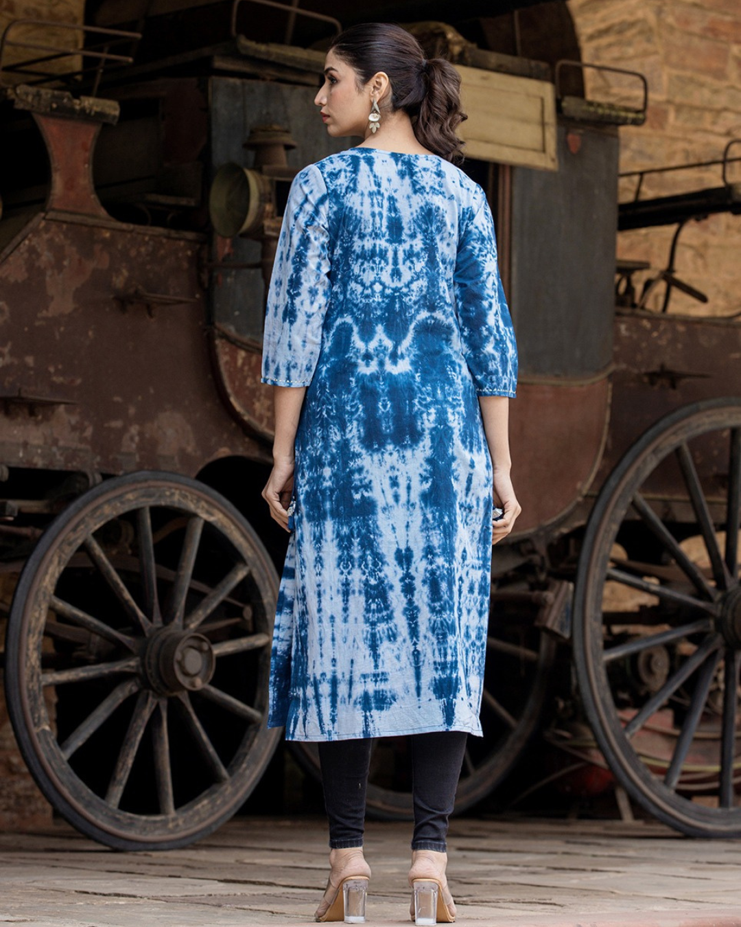 Modern tie-dye printed A-line kurta in blue and white, ideal for casual outings from layasmarts