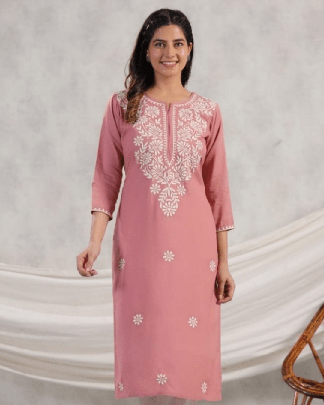 Elegant chikankari-embroidered rayon kurta with breathable fabric and classic design, ideal for casual and ethnic styling.