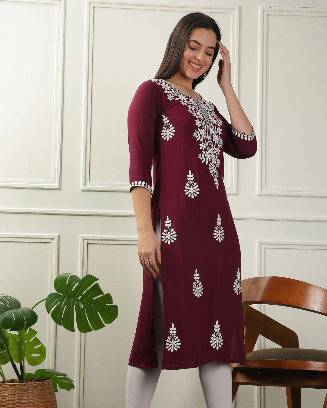 Straight-cut embroidered kurti for Indian women, perfect for work and festive gatherings.
