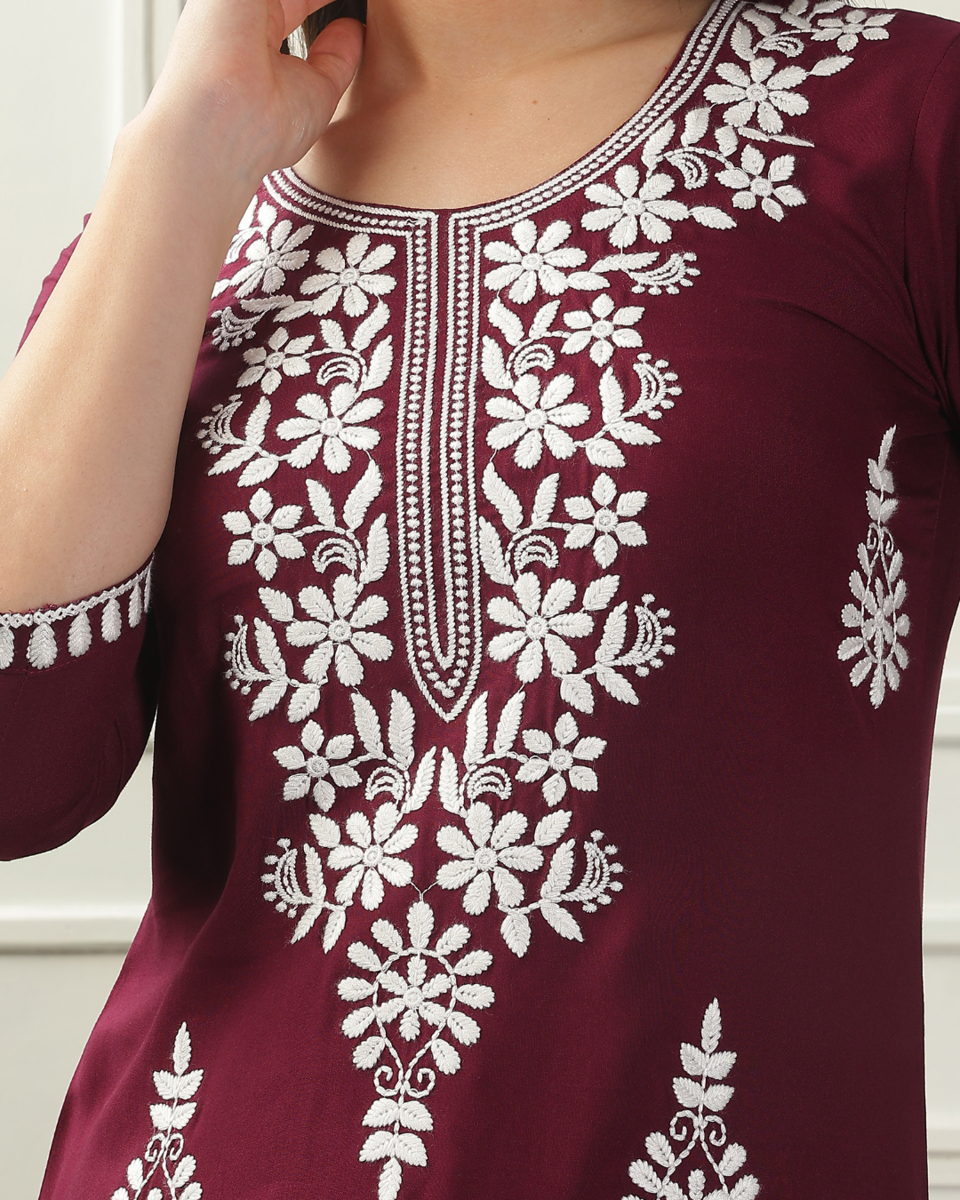 Handcrafted white Chikankari embroidery on a soft rayon kurti, ideal for all occasions