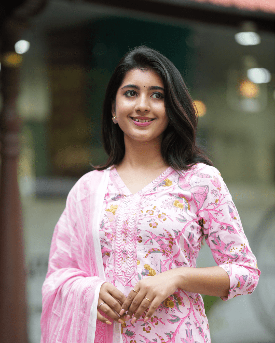 Stylish three-piece cotton kurta set with intricate embroidery, perfect for traditional Indian occasions.
