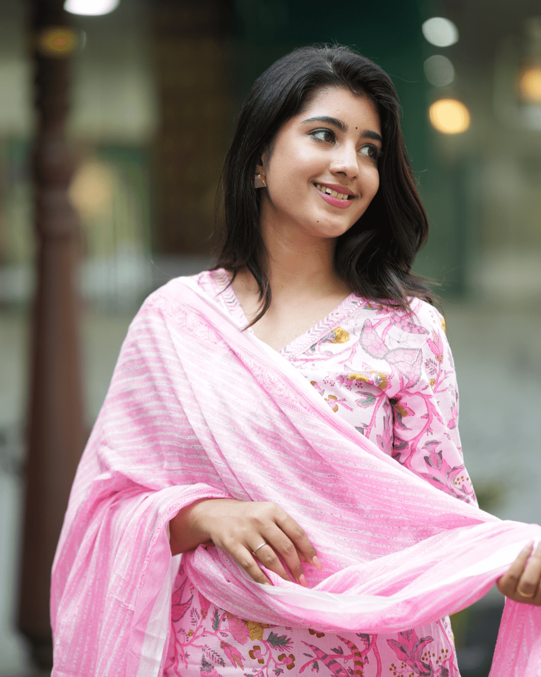 Soft and lightweight pink floral printed kurta with comfortable elasticated trousers and a coordinated dupatta