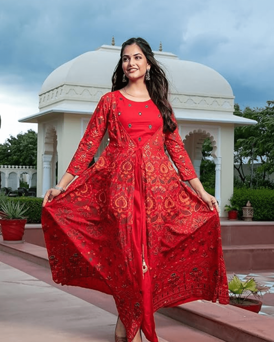 Regal paisley-patterned Anarkali kurta with lightweight rayon fabric, handcrafted in Jaipur for an effortlessly elegant ethnic ensemble