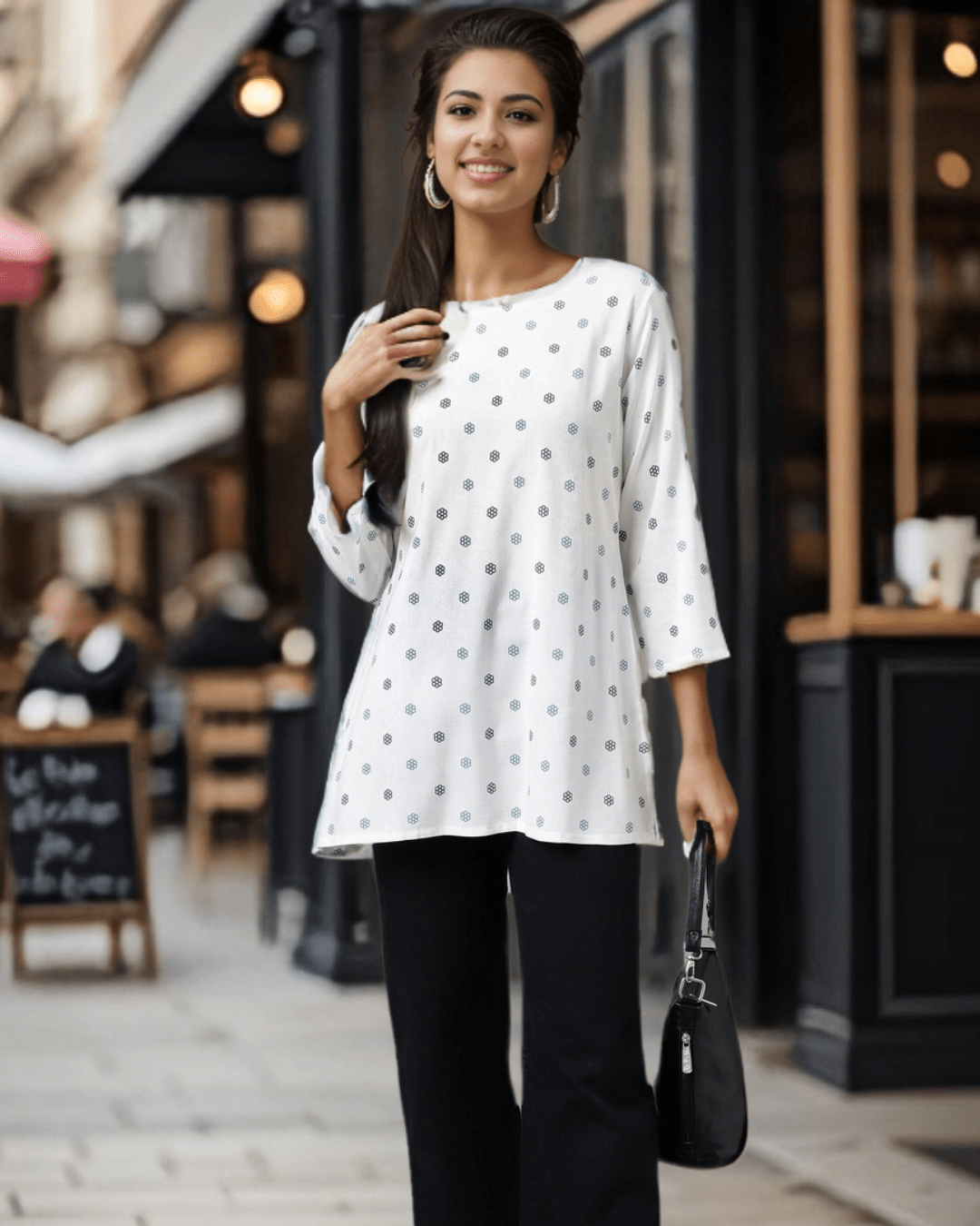 Breathable rayon A-line kurta with floral prints, round neckline, and lightweight fabric, ideal for Indian women’s daily fashion.