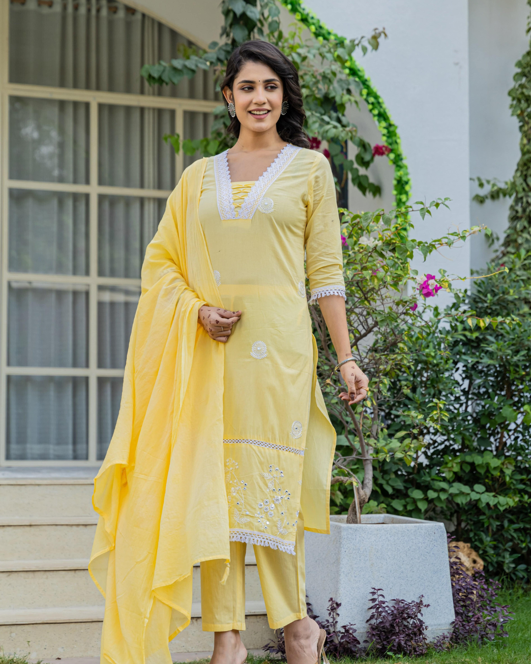 Floral Yellow Thread Work Cotton Kurta Set with Dupatta, featuring delicate embroidery and lacework