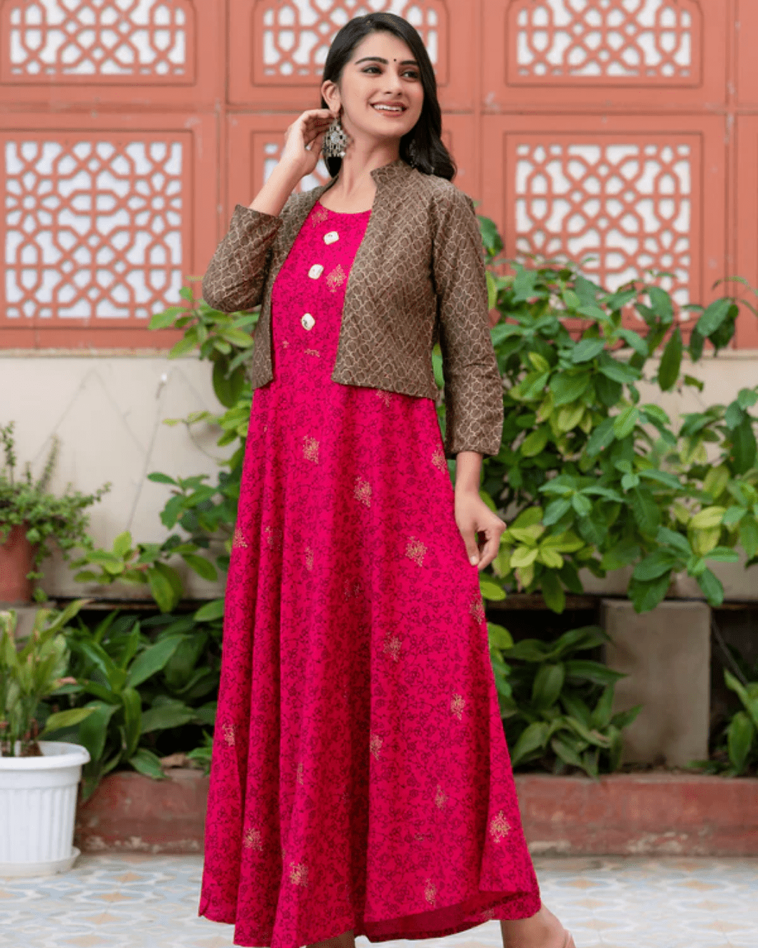 Gold Print Floral Anarkali Kurta with Jacket Online, featuring an elegant sleeveless design, handcrafted in Jaipur for festive wear.