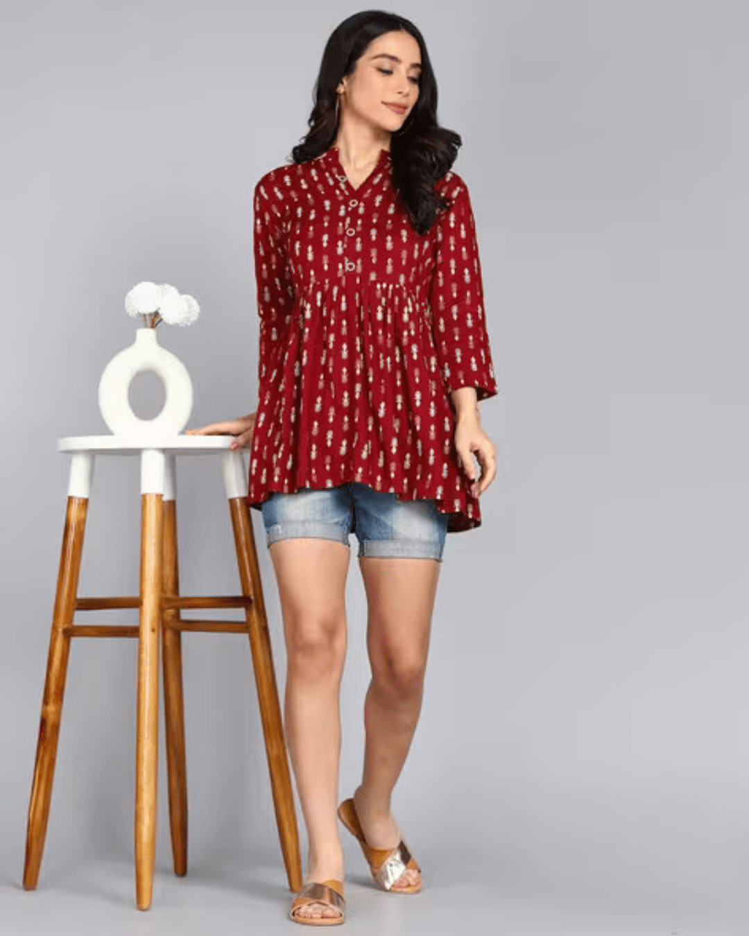 Handcrafted Jaipur printed tunic top with soft rayon fabric, designed for a relaxed and elegant silhouette.