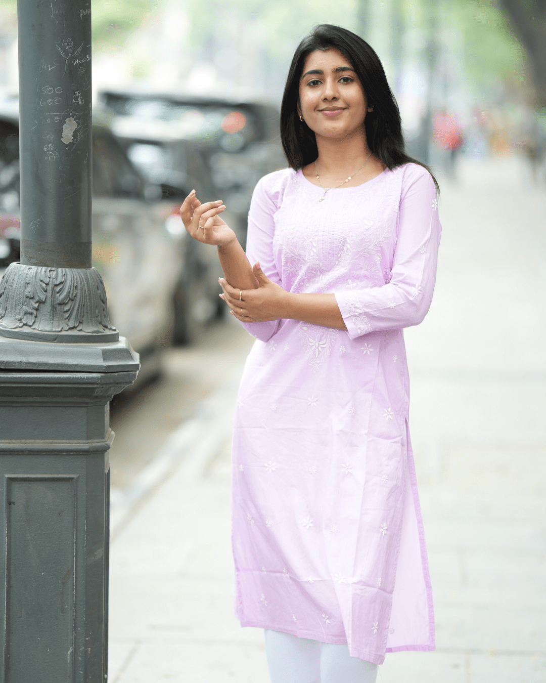 Lavender Chikankari Cotton Kurta with handcrafted floral embroidery and quarter sleeves from Layas Marts