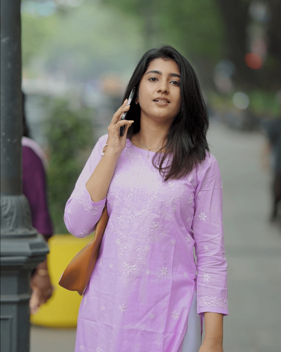 Lavender Chikankari Cotton Kurta with handcrafted floral embroidery and quarter sleeves from Layas Marts
