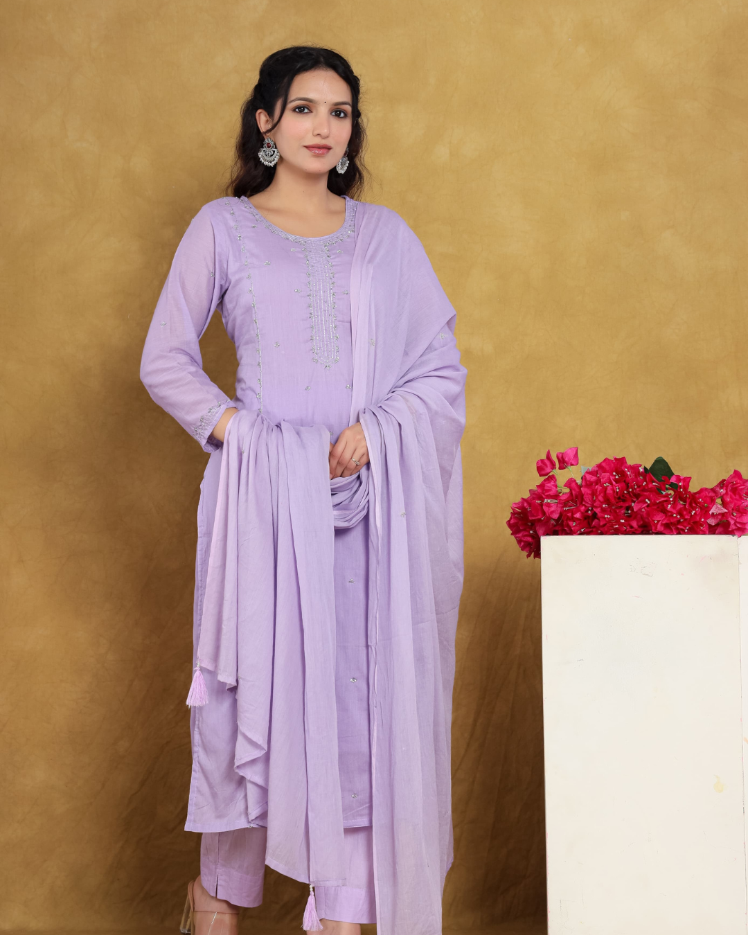 Lavender Embroidered Mulmul Cotton Suit Set with intricate detailing and soft fabric from Layas Marts