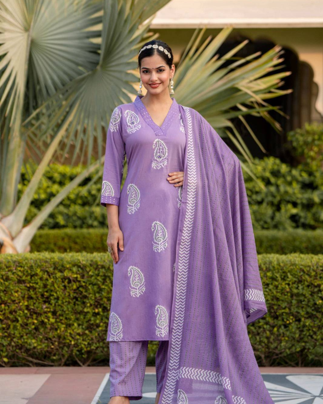 Lavender Cotton Handblock Print Kurta Set with Dupatta, featuring embroidery and a V-neckline