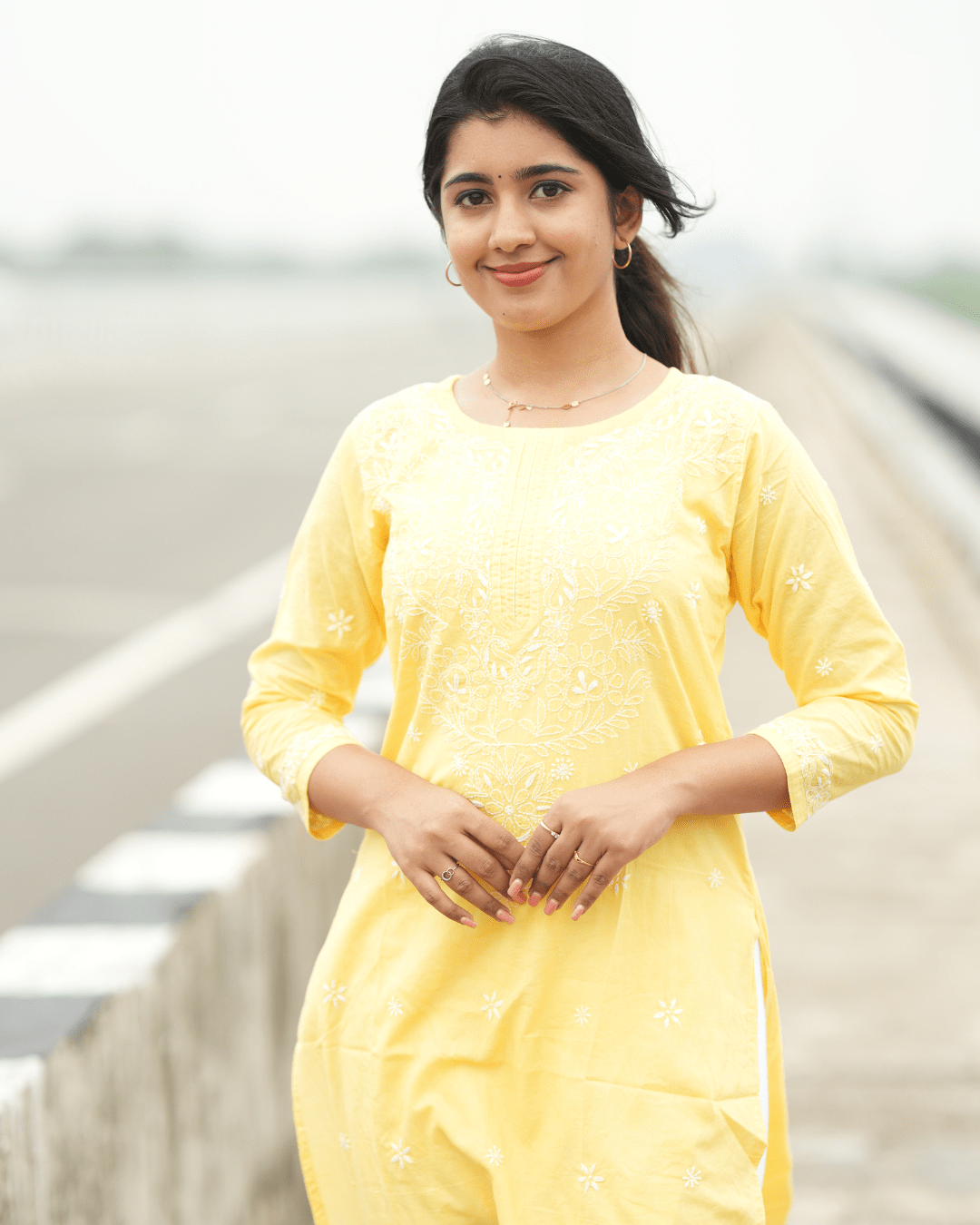 Lemon Yellow Chikankari Cotton Kurta with delicate Lucknowi embroidery, crafted for elegance and comfort