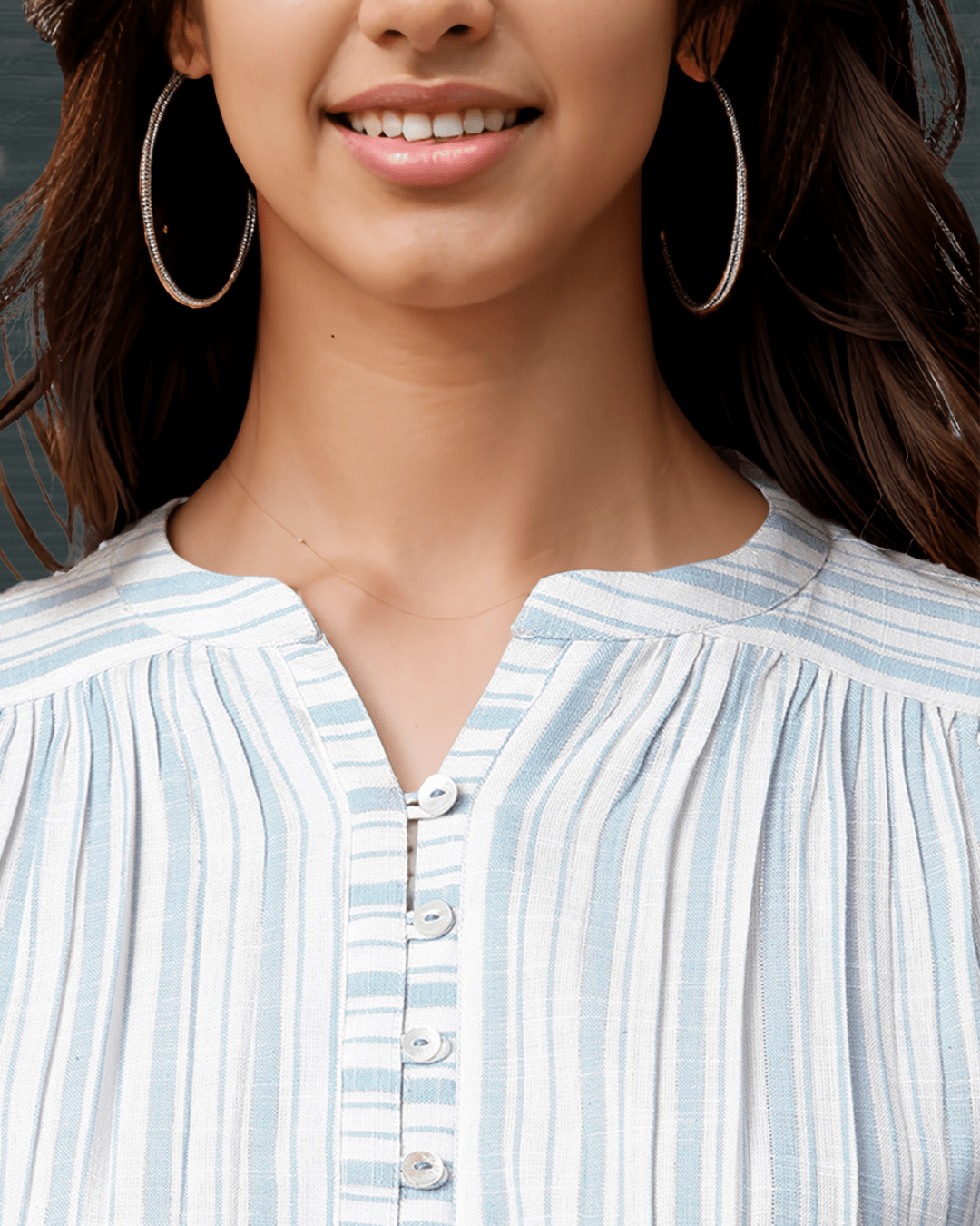 Frill detailing on 3/4th sleeves of White Cotton Striped Casual Top, perfect for modern casual wear, available at Layas Marts