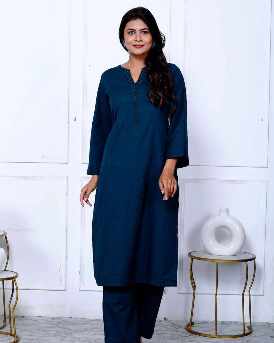 Navy Blue Cotton Embroidered Kurta Set with Double Pockets, featuring a relaxed fit