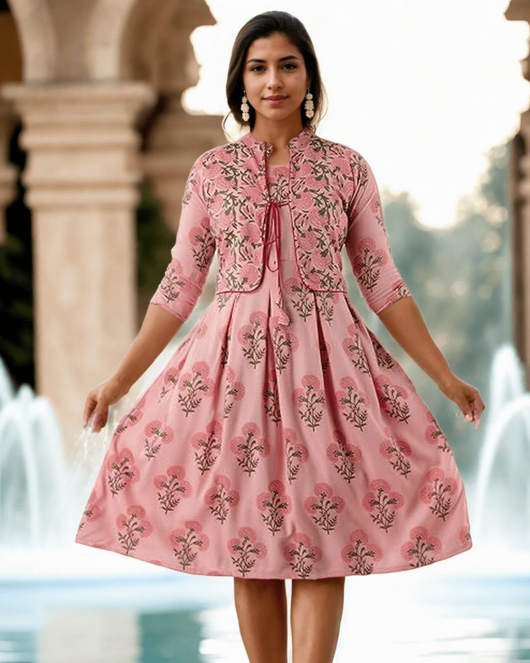 Breathable pink floral printed Anarkali Kurta Set with a long jacket, perfect for festive and casual wear