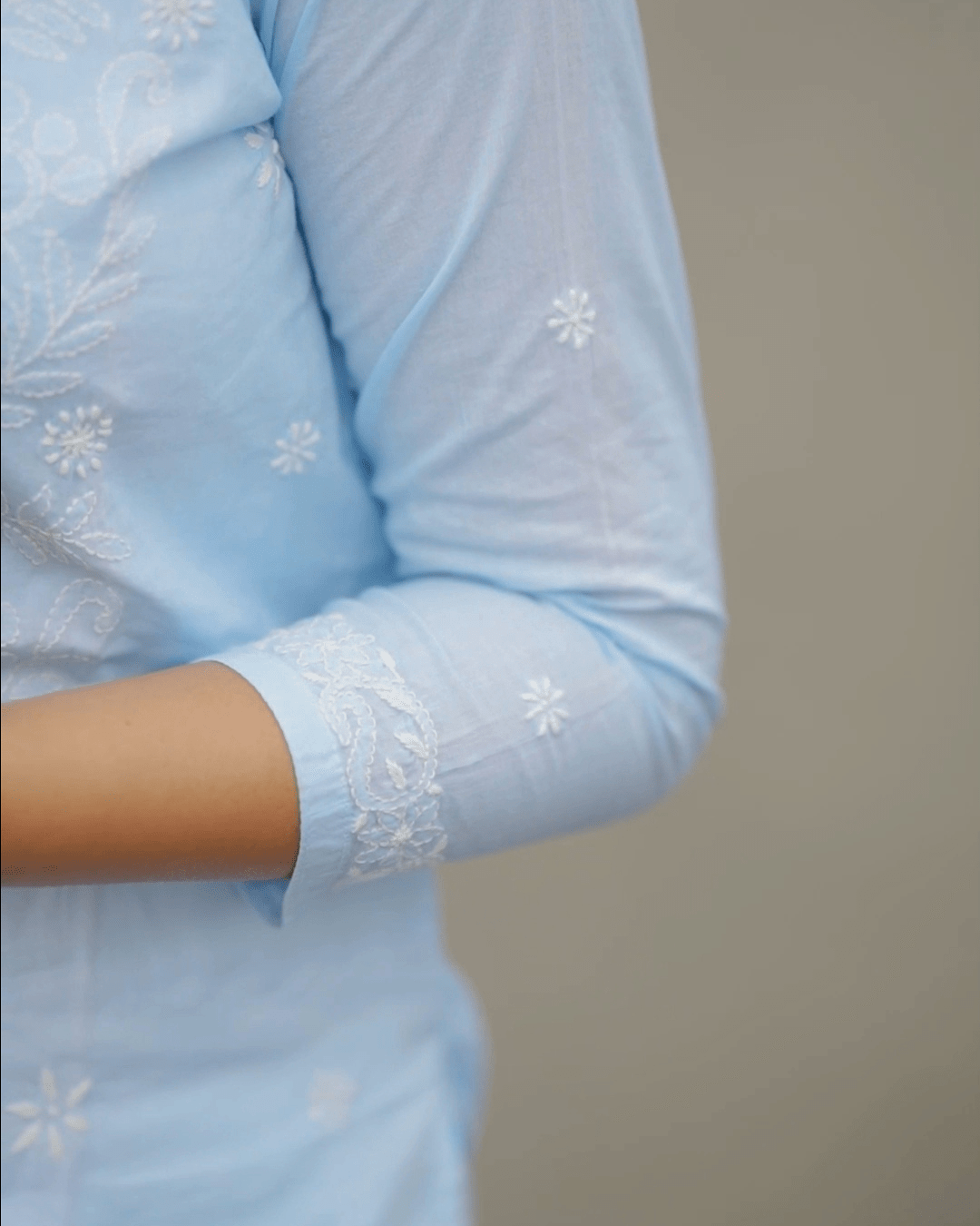 Quarter sleeves on Blue Chikankari Cotton Kurta with relaxed fit, handcrafted by Lucknow artisans, available at Layas Marts