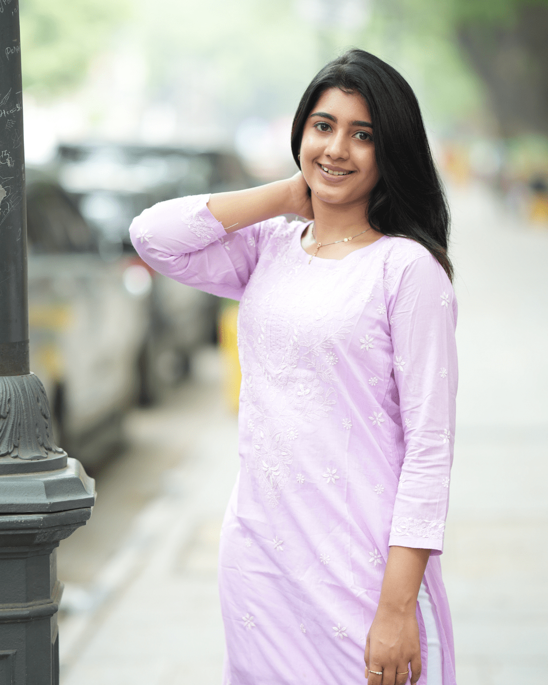 Lavender Chikankari Cotton Kurta with a straight hemline, perfect for Indian ethnic wear, available at Layas Marts for college and office wear
