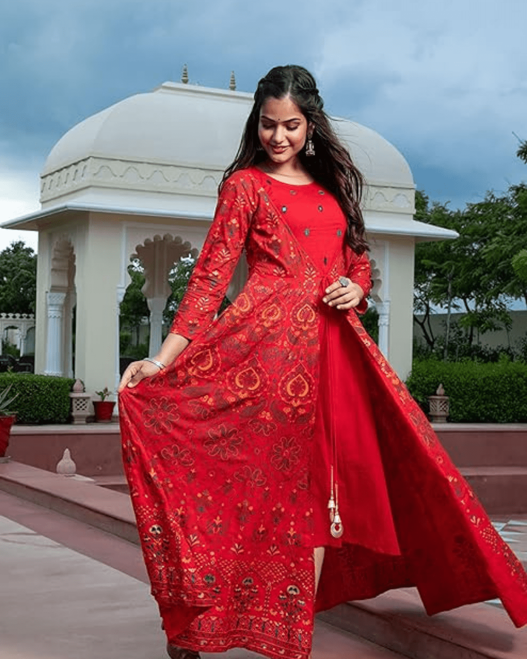 Stylish Paisley Pattern Anarkali Kurta Online, featuring a jacket, three-quarter sleeves, and a round neckline, available at Layas Marts.