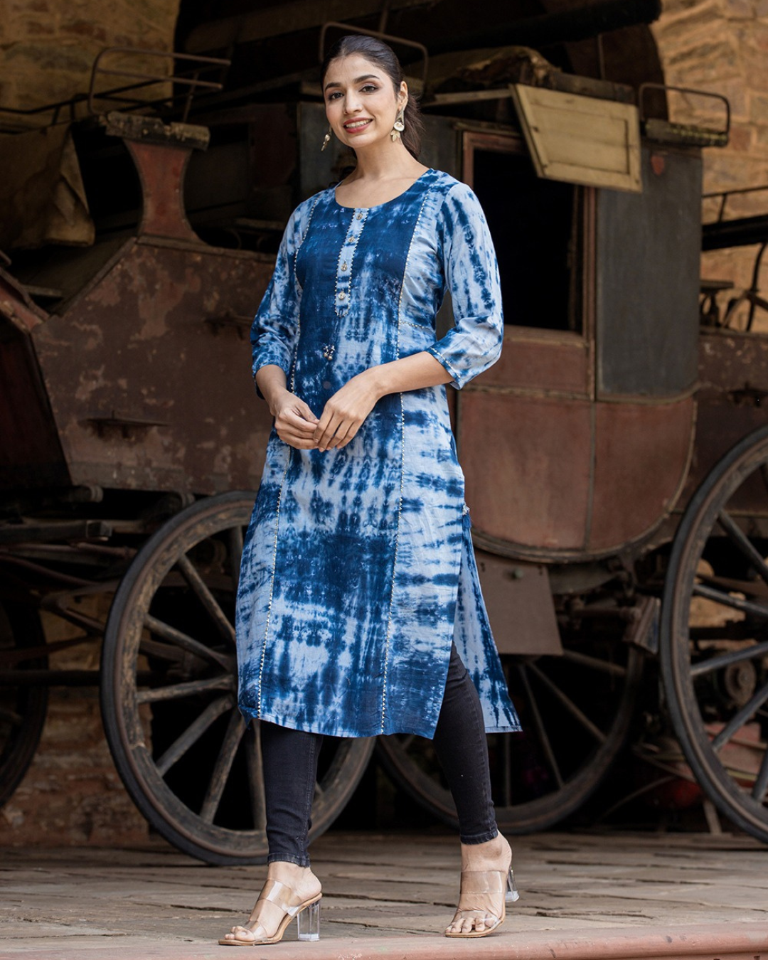 Bohemian-style tie-dye kurta from layas marts with front tassels, perfect for work or travel