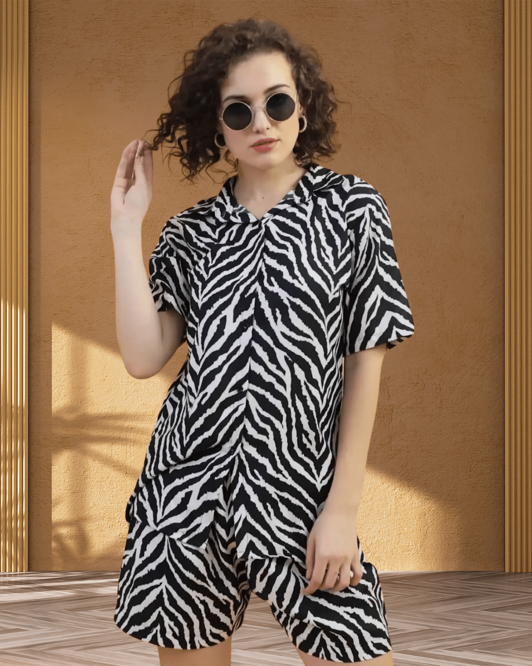 Minimalist two-piece coord set in printed rayon-cotton fabric, suitable for work-from-home and travel outfits