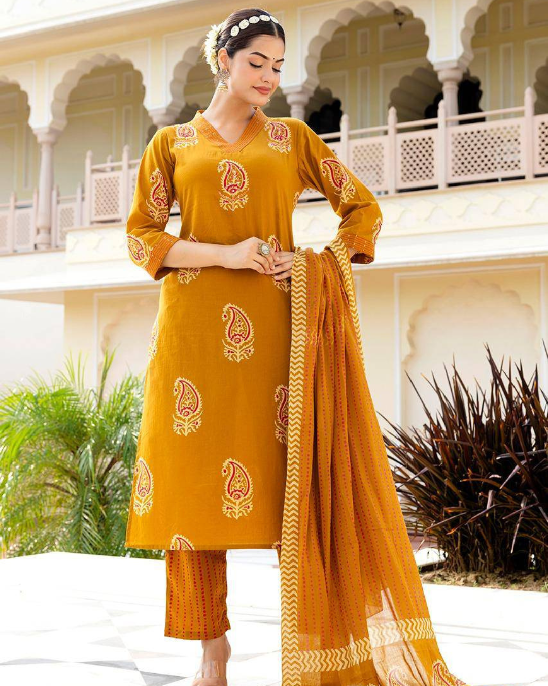 Flattering three-piece kurta set with delicate embroidery, designed for effortless style and comfort