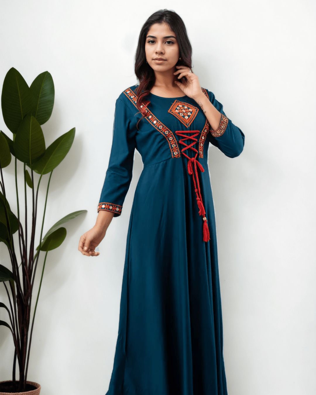 Traditional handcrafted Jaipur Anarkali kurta in teal blue, a must-have festive outfit for Indian women, available online