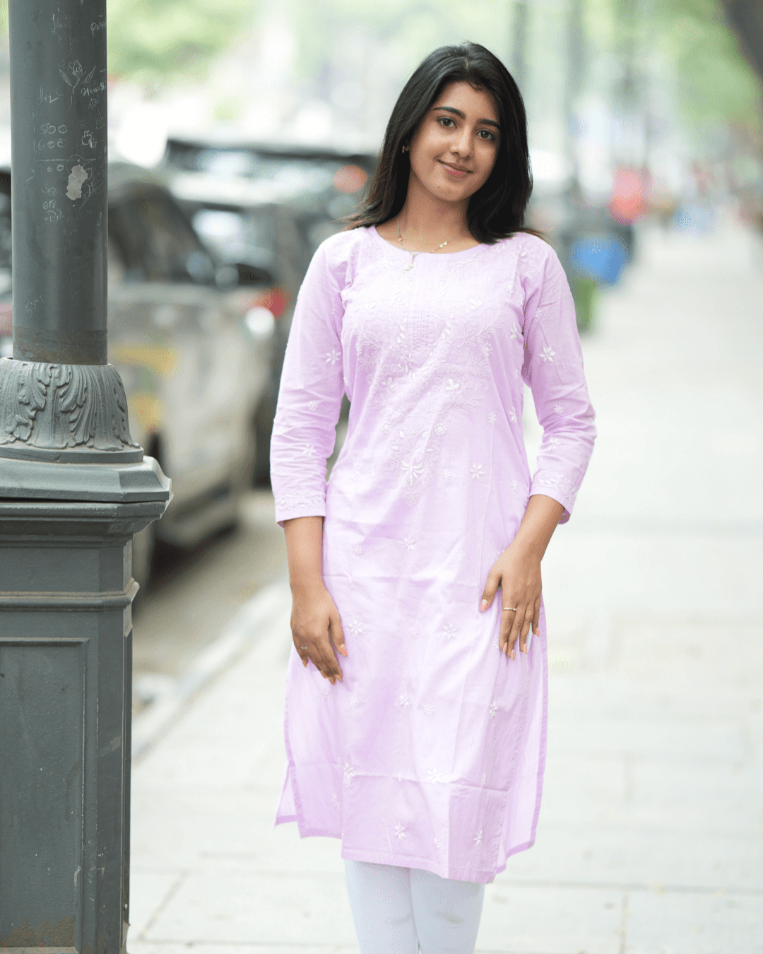 Lavender Chikankari Cotton Kurta styled with white palazzos for a chic ethnic look, available online at Layas Marts