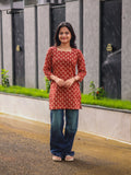 Ruhlaal Red Corset Back Kurti – Floral Print Cotton Short Kurti