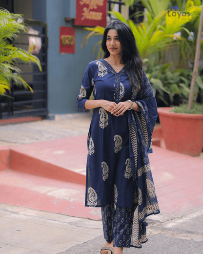 Navy Blue Floral Cotton Kurta  Pant Dupatta Set – Layas Marts