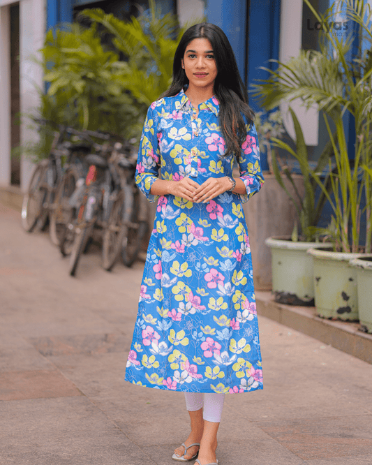 Blue Multi-Color Floral Cotton Kurta – Stylish Everyday Wear