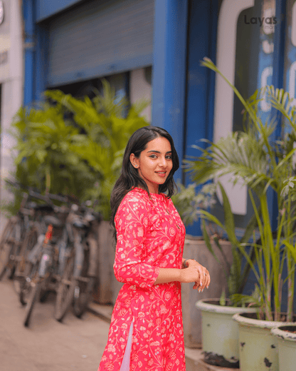 Red Floral Cotton Kurta for Women – Elegant Everyday Wear