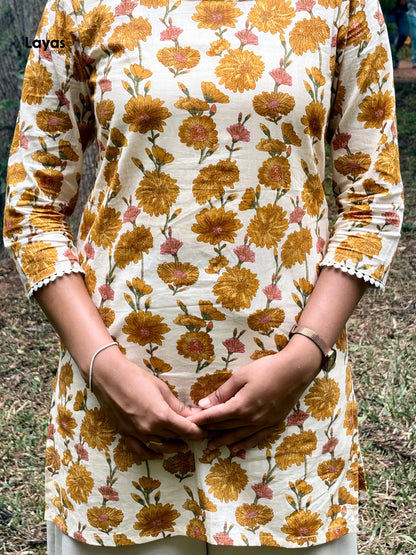 Kusmeya Cream Yellow Floral Corset Short Kurti