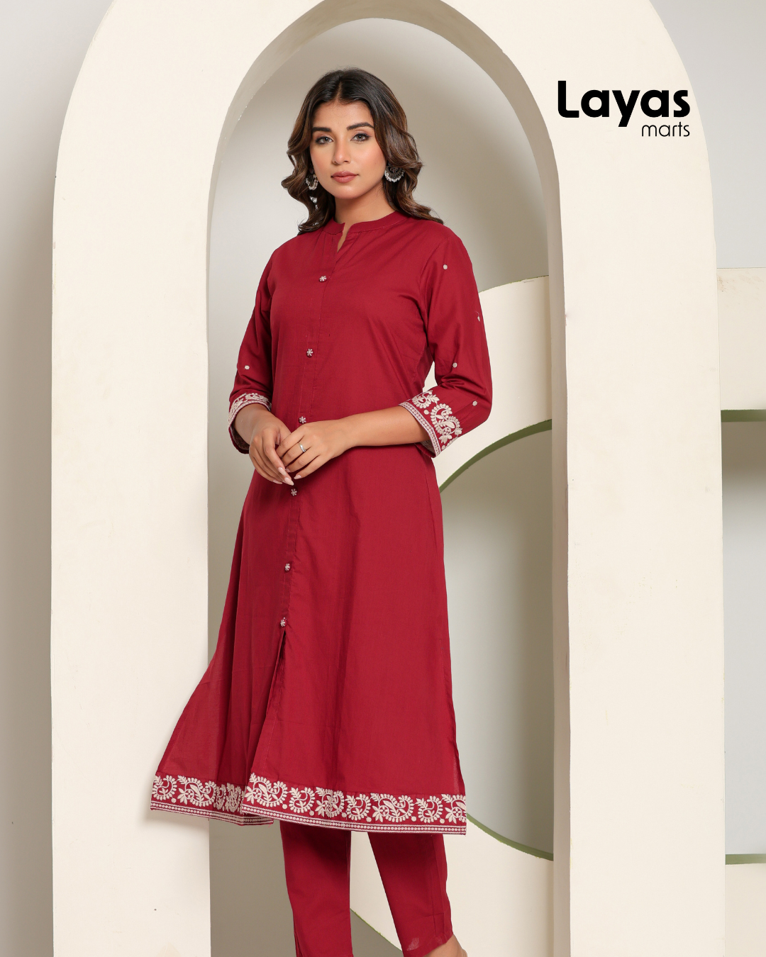 Red Chikankari Style Embroidered A-Line Kurta with Pant – Pure Cotton Set