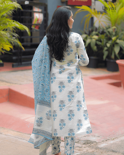 Cream White Floral Cotton Kurta Pant Dupatta Set – Layas Marts